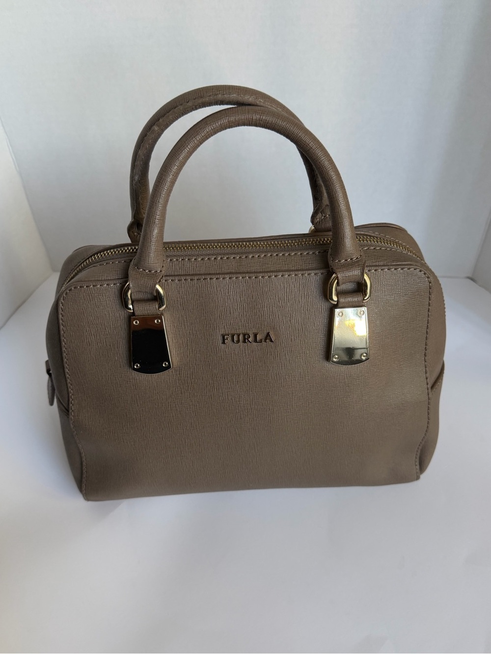 Furla Taupe Brown Leather Double-Handle Satchel